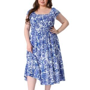 Plus Size Flutter Sleeve Smocked High Waist Flowy Summer Midi Dress
